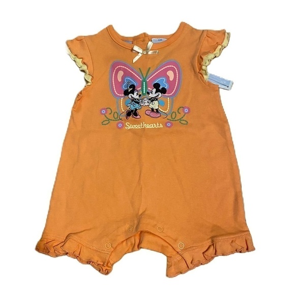 Vintage Disney Romper NEW 12 mos Mickey Minnie Mouse Sweethearts Orange 90s
